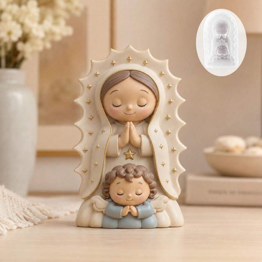 1件天使矽膠模具,多用途、可重複使用且易脫模 | 蠟燭製作模具,適用於洗禮禮物、環氧樹脂和黏土/石膏手工藝 - 雙人像天使模具 - 查看 1