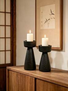 1pc Black Textured Pillar Candle Holders, Rustic Wabi Sabi Decorative Candlestick For Dining Table Fireplace Mantel Home Decor, Housewarming Gift - Black - View 6