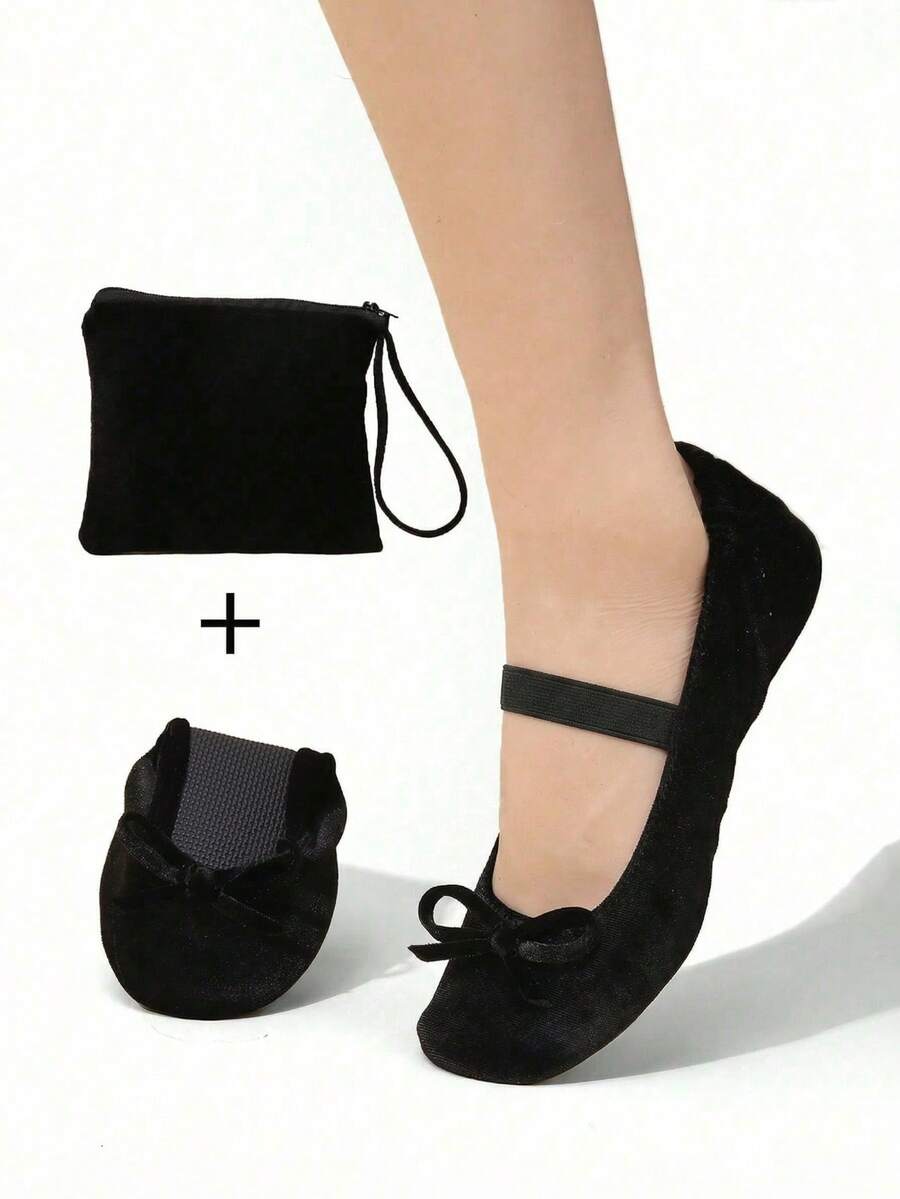 Autumn/Winter New Women's Indoor Dance Shoes, Black Suede Bow Foldable Slip-On Dance Shoes, Fashion Casual Soft Comfortable Women's Shoes, Home Slippers, Free Matching Color Storage Bag - Black - View 1