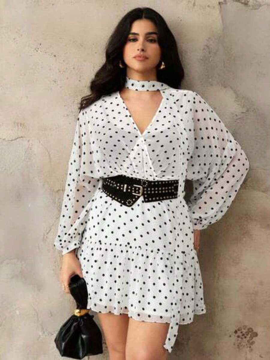 Roveilla Vestido de lunares negros con cuello en V y cintura con lazo, talla grande, otoño/invierno - Blanco - Ver 1