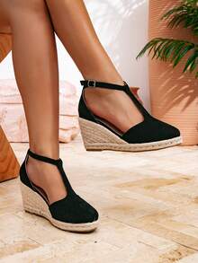 Sandalias negras de mujer con suela gruesa, correa en T con hebilla, punta cerrada, tacón de cuña, plataforma tejida y tacón alto, estilo vacacional para verano - Negro - Ver 6