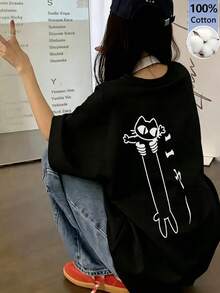 女款日系寬鬆圓領時尚條紋貓咪印花短袖T恤，夏季休閒黑色 - 黑色 - 查看 3