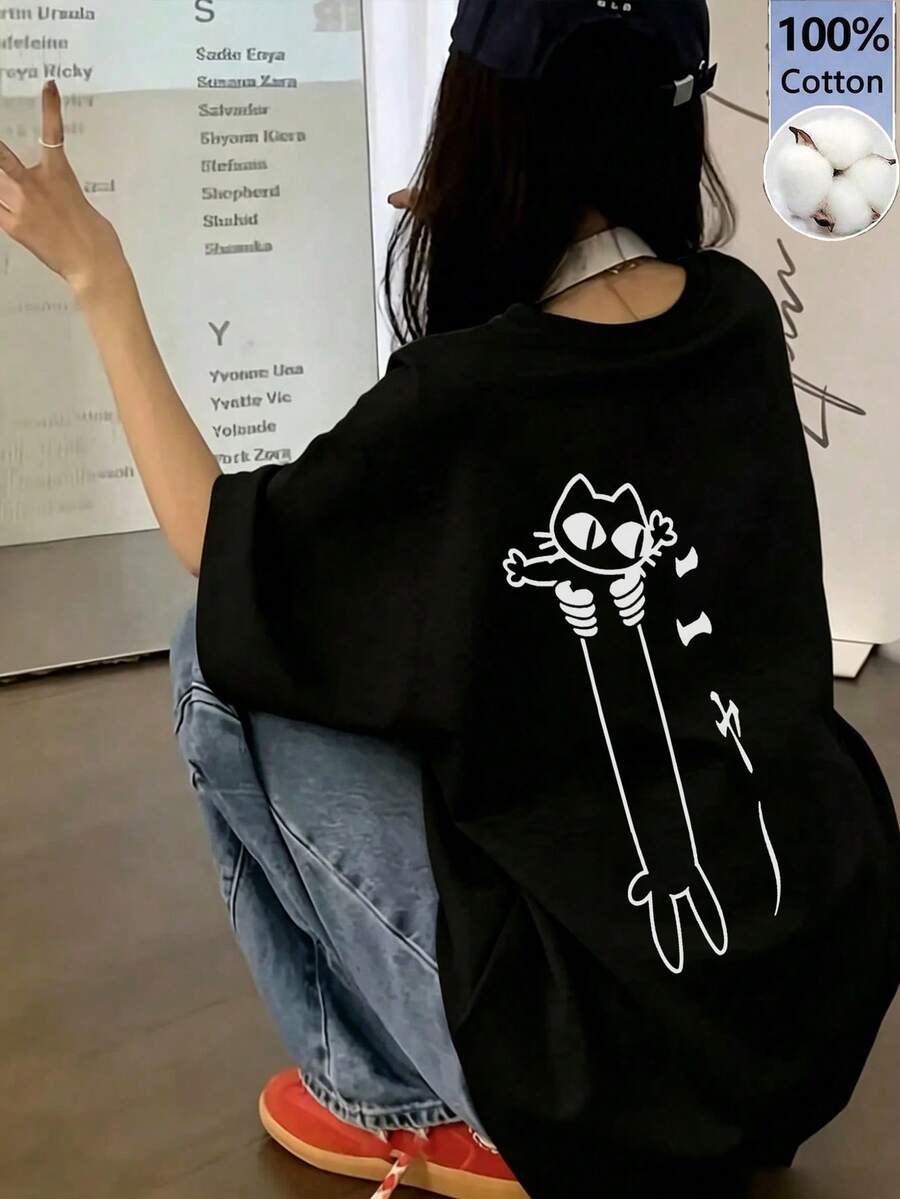 女款日系寬鬆圓領時尚條紋貓咪印花短袖T恤，夏季休閒黑色 - 黑色 - 查看 1
