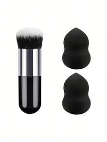 1pc Large Fluffy Foundation Powder Brush + 2pcs Black Makeup Sponge Set, Soft Dense Bristles, Multi-Functional Face Makeup Tool Kit, Suitable For Blush, Concealer - Multicolor - View 15