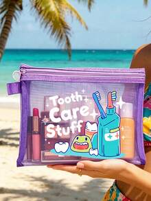 Star Teeth「Tooth Care Stuff」卡通字母圖案透明收納袋，網格便攜化妝包，盥洗用品收納袋，旅行化妝包；度假必備海灘收納用品；返校、寄宿學校、週末度假與日常通勤收納袋；可折疊輕量化妝包，適合商務旅行與便攜隨身包，小化妝包，化妝品收納盒，收納袋，大容量收納袋，送給女性、返校、情侶、父親節、生日的創意禮物 - 彩色 - 查看 16