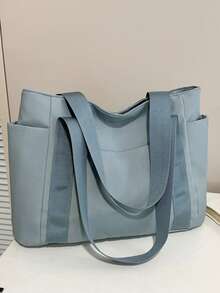Tas Tote Kasual Minimalis Warna Polos Bergaya, Kapasitas Besar, Tas Bahu Wanita, Liontin Tidak Termasuk - Baby Blue - View 7