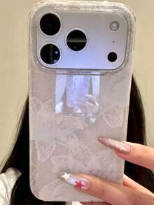 優雅浪漫蕾絲花卉印花亮片透明軟手機殼，適用於 iPhone 17 Pro Max、17 Pro、17、16 Pro Max、16 Pro、16、15 Pro Max、15 Pro、15、14 Pro Max、14 Pro、14、13 Pro Max、13 Pro、13、12 Pro Max、12 Pro、12、11，創意時尚透明亮面防摔保護殼 - 蕾絲百合花 - 查看 2