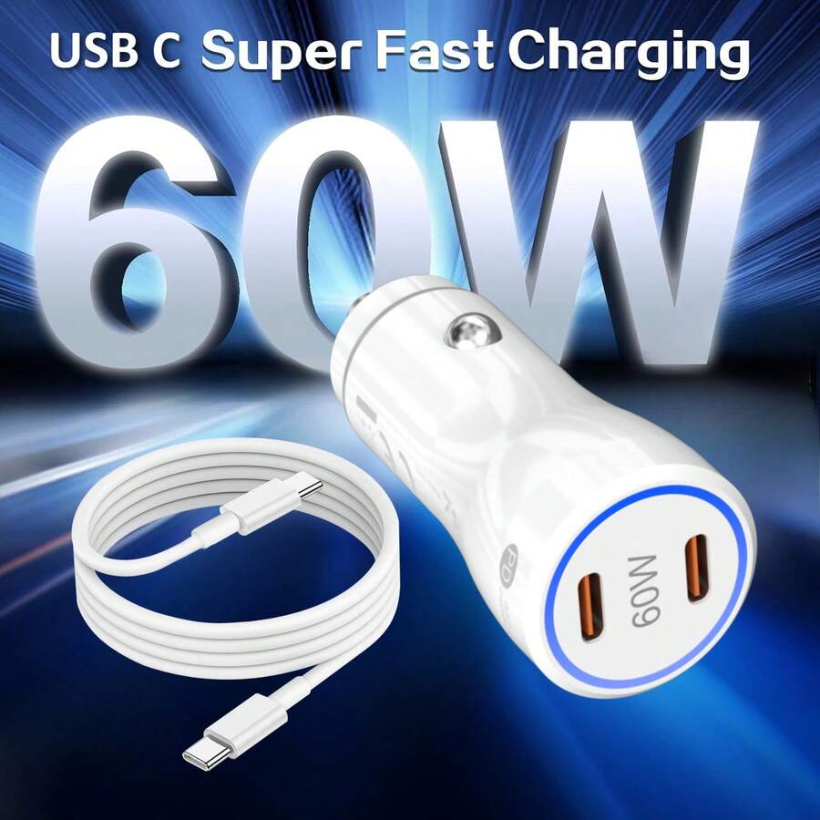 60W Dual Port USB C Car Charger For IPhone 17 16 15, With USB C Data Cable, Type C Car Adapter, Compatible With IPhone 17 16 15 Pro/Pro Max, Android/Tablet/Series - White - Car Charger - View 1