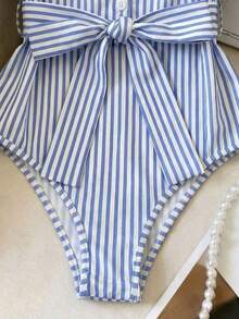 Body de punto estilo francés vintage para mujer, a rayas azules y blancas, cuello polo, diseño con botones y lazo, elegante atuendo de verano para la - Azul y blanco - Ver 5