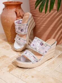 New Straw Woven Wedge Heel Mesh Handmade Embroidered Rhinestone Patchwork Decor Upper Sandals Women Spring Summer Outdoor Vacation Style Rope Wedge High Heel Fashion Thick Sole Roman Slide Sandals - Silver - View 2
