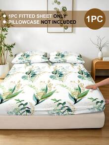 1pc Leaf Flower Print Bed Sheet, Bedding, Fitted Sheet, Mattress Cover, Soft And Comfortable Bedding For Bedroom Mattress Protector Fitted Bed Sheet Only, Machine Washable - Multicolor - View 2