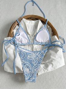 Bikinx Women's Summer Fashion Asymmetrical Striped Triangle Tie Bikini Set For Vacation Beach - Dusty Blue - View 7