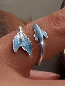 1pc Fashionable Minimalist Women's Blue Dreamy Dolphin Design Open Ring, Suitable For Daily Commute, Music Festival, Party, Banquet, Gift - Dolphin Ring - View 4
