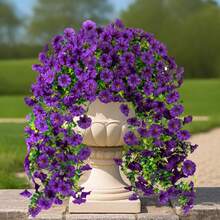 2pcs UV-Resistant Artificial Morning Glory Hanging Vines - Vibrant Pink And Purple Artificial Flowers For Outdoor Decor, Garden, Wedding And Summer Festivals, Realistic Plastic Vines For Home Decor, Garden Decoration | Cascading Vines | Maintenance-Free Artificial Plants For Home Decor - Purple-blue - View 2