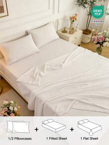 HONEYMOON 3/4件套純色床上用品套裝（3件套 = 1件床笠 + 1件床單 + 1件枕套，4件套 = 1件床笠 + 1件床單 + 2件枕套）100%聚酯纖維布料，Ins風，適用9-12英吋深口袋，抗縮水，可機洗，適合多種尺寸，四季通用，居家與學校宿舍使用，開學必備，Oeko-Tex認證，米色 - 米色 - 查看 2