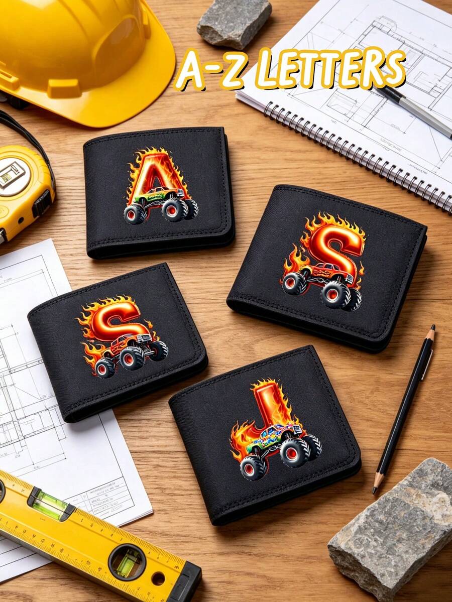 1pc Back To School Mini Cute Cartoon Personalized Fun 26 Excavator Construction Vehicle Flame Letter Print Bifold Wallet, Multiple Card Slots Inside, Can Hold Bank Cards, ID Cards, Cash, Meets Daily Travel Storage Needs. Suitable As Fan Gift, Birthday Small Gift. - Black - View 1
