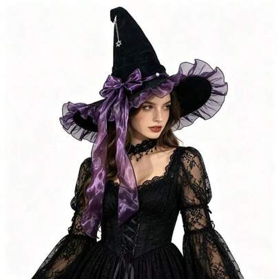 1pc European & American Halloween Party Witch Hat, Purple Double-Sided Velvet Shaped Witch Hat, Thickened Purple Wizard Hat