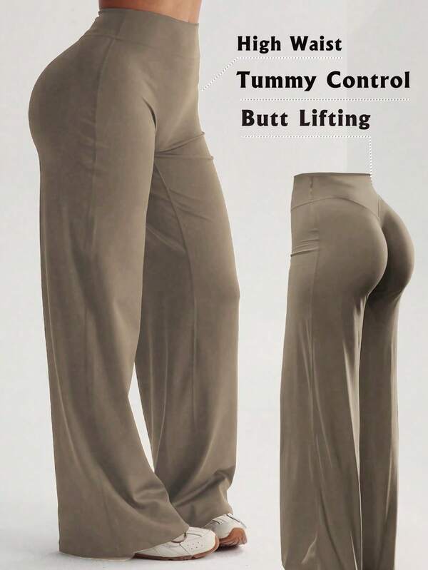 Women's High Waist Wide Leg Pants For Outdoor Exercise, Comfortable Sports Casual Leggings, High Elastic Flare Pants For Commuting & Yoga, Knit Fabric, Elastic & Comfortable, Suitable For Daily Wear And Workout