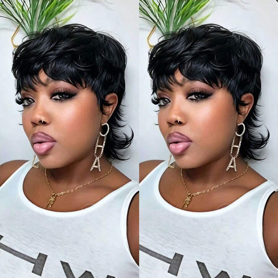 Women's Short Pixie Cut Wig, Human Hair Ponytail Short Hair, Daily Wear, Ready To Wear, Valentine's Day Gift, 150% Density, Layered Cut Swallowtail Wig