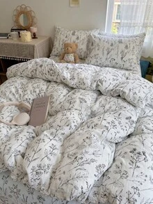 Juego de ropa de cama con funda nórdica de 2/3 piezas con patrón de flores silvestres de línea blanca, suave, transpirable y resistente a las arrugas, ayuda a dormir, estilo de hotel de lujo, regalo para padres y amigos, funda nórdica reversible*1 funda de almohada*1/2, tamaño King/Queen/Full/Twin - Blanco y Negro - Ver 2