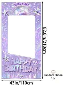 1pc Purple Disco Style Happy Birthday Hollow Background Cloth, Birthday Party Photo Frame Hanging Backdrop With Mirror Ball, Star, Music Note Neon Print, Adult Birthday Party Living Room Wall Decor Prop - Music - View 12