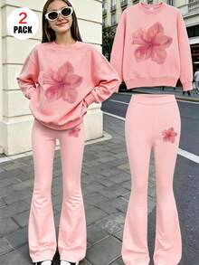 2pcs/Set Girls Floral Print Crew Neck Long Sleeve Sweatshirt And Leopard Print Flared Pants, Fashion Casual, Suitable For Autumn/Winter - Pink - View 1