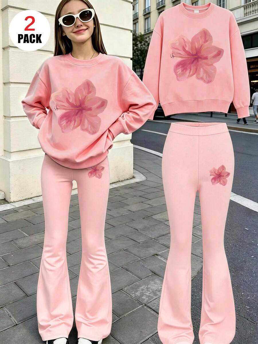 2pcs/Set Girls Floral Print Crew Neck Long Sleeve Sweatshirt And Leopard Print Flared Pants, Fashion Casual, Suitable For Autumn/Winter - Pink - View 1