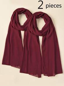 2pcs Women's Solid Color Pearl Chiffon Headscarf Arabic Casual Long Scarf Headwrap Suitable For Daily Use - Burgundy 2-pack - View 3