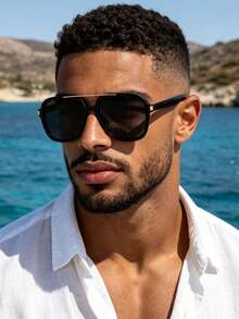 1 Pair Vintage Double Bridge Square Fashion Glasses, High-End Street Style, Elegant Retro Versatile Men's Glasses, Vacation Beach Accessory Aviator Glasses - Black - View 1