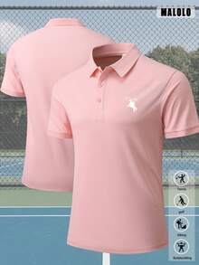Classic Light Pink Short Sleeve Polo Shirt For Men White Embroidered Horse Logo, Casual Versatile Top For Everyday Daily Outings Sports - Pink - View 1