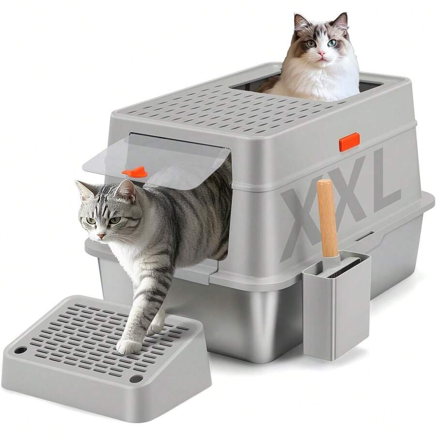 Edelstahl-Katzenstreubox mit Deckel, 110°XXL-Design, Edelstahl, 38L, großFassungsvermögen mit Schaufel und Pedal, hoher Rand, auslaufsicher und leicht zu reinigen SQ1H - 60,5 x 40,5 x 38 cm - Übersicht 1