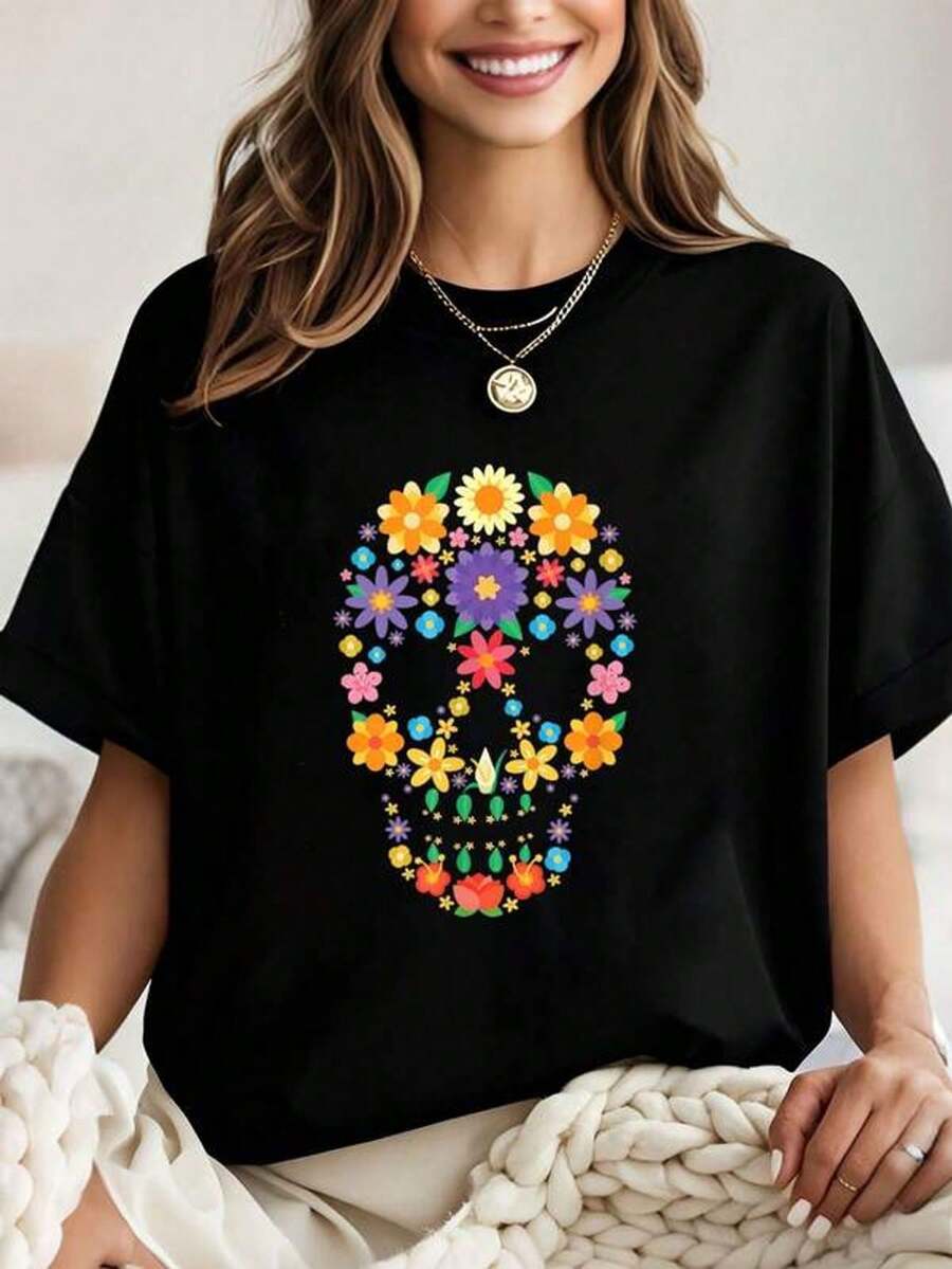 Camiseta de calavera deúcar de flores coloridas Dia De Los Muertos, camiseta gráfica para mujeres, tops cortos, conjuntos, tops, camiseta de arte