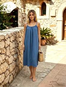 Perfect For Your Vacation! Midi Dress With Thin Straps, Open Back With Drawstring, Lightweight Fabric That Flatters Your Figure. - 藍色 - 查看 4