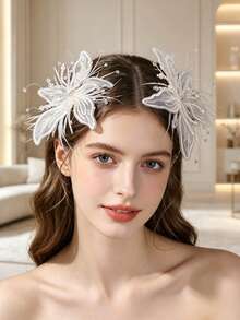 2pcs Handmade White Lace Flower Fairy-Style Feather Trim Hair Clips, Bridal Wedding Accessories For Studio Makeup - Two White Ones - View 3