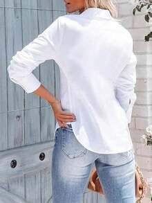 Plus Size Women's Long Sleeve Button Shirt, Ruched Waist Slim Fit Top For Casual Business Office, Daily Wear, Spring Summer Fall Winter White - White - View 2