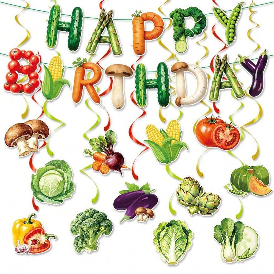 Vegetable Themed Party Backdrop Decorations Set, Paper Happy Birthday Banner & PVC Hanging Swirls, Farm Veggie Mini Wall Background Decor For Kids First Birthday Garden Party - View 1