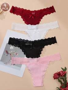 4 Peças Calcinhas Sexy Femininas com Laço, Plus Size, Renda, Patchwork, Sem Costura, Tanga de Cintura Baixa - Multicolorido - Visão 8