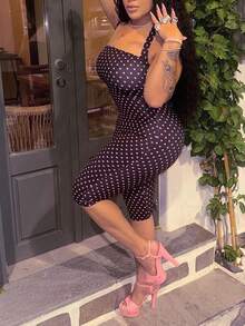 Women's Sleeveless Camisole Style Polka Dot Knit Sleeveless Romper Summer - Purple - View 3