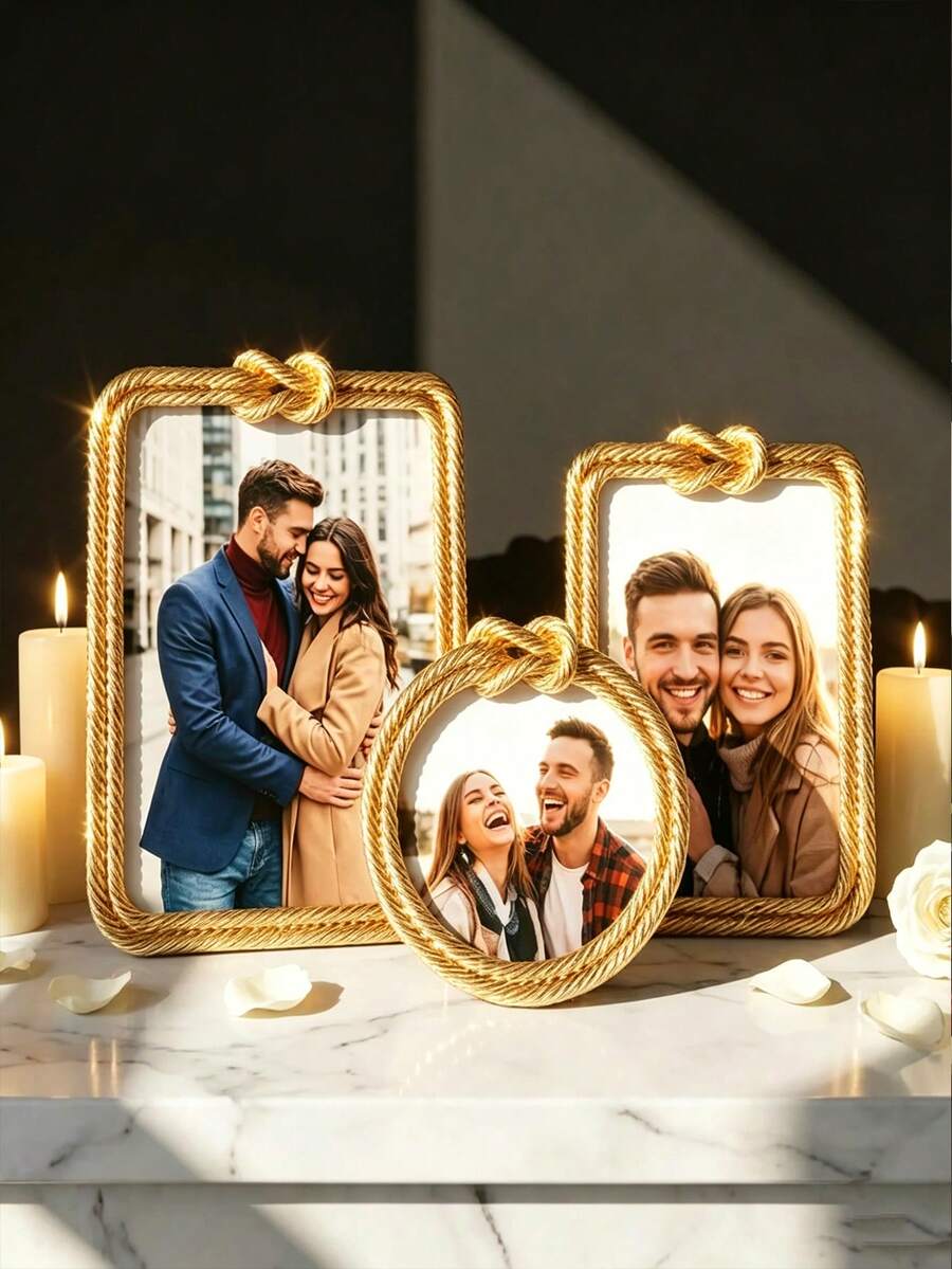 Gold Rope Knot Picture Frame, Nautical Photo Frame With Textured Twisted Cord Design, Tabletop Holder For Wedding Photos, Couple Portraits And Family Pictures, Living Room, Bedroom, Mantel, Desk, Office And Anniversary Gift - Multiple Models 2 - View 1