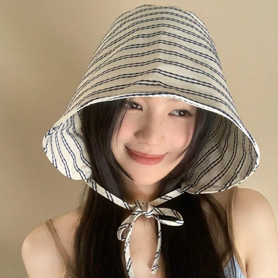 夏季遮陽帽，復古防曬帽，融入全新高品質水桶帽元素，透氣女款帽，條紋遮臉水桶帽－多功能遮陽帽，可調節尺寸