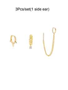3pcs/Set Women's Earrings Set, Gold-Plated Zirconia Hoop Earrings With Chain Drop, Layered Style - 3Pcs/set(1 Side Ear) - View 4