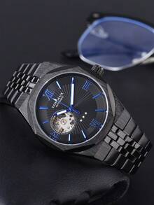 LONGLUX 1 Stück Herren Automatik-Mechanik-Uhr mit Cut Out römischen Mischzifferblatt, Luxus-Business-Stil Armbanduhr aus Stahl, geeignet für den täglichen Gebrauch und als Urlaubsgeschenk - Schwarz - Übersicht 5