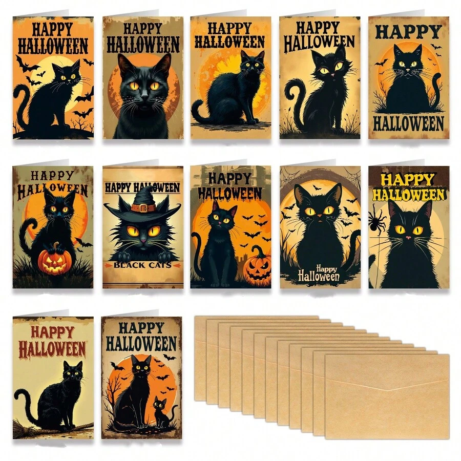 12pcs Gothic Halloween Witch Cat Theme Cards With Envelopes - Funny Happy Halloween Greeting Cards, Whimsical Black Cat Halloween Cards For Friends And Family, Halloween Gifts - A - View 1