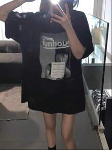 女款圓領短袖T恤，夏季新款肖像圖案與字母印花，時尚休閒百搭寬鬆上衣，黑色 - 黑色 - 查看 2