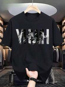 1pc Men's Christian Graphic T-Shirt YHWH Lion Of Judah - Polyester Bold Print Short Sleeve T-Shirt, Black With White Letters, Regular Fit Casual T-Shirt Thanksgiving Gifts - 彩色 - 查看 1