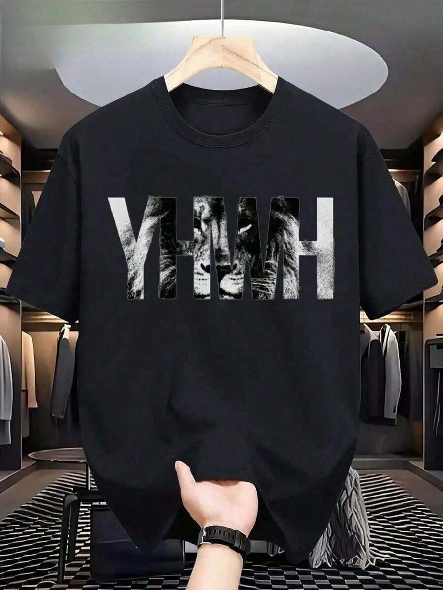 1pc Men's Christian Graphic T-Shirt YHWH Lion Of Judah - Polyester Bold Print Short Sleeve T-Shirt, Black With White Letters, Regular Fit Casual T-Shirt Thanksgiving Gifts - 彩色 - 查看 1