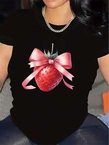 Women's T-Shirt. Short-Sleeved, Lightweight And Durable T-Shirt With A Strawberry And Pink Bow Design, Ideal For Casual Outings At Home, Restaurants Or Outdoors, Offering A Comfortable Fit. - 白色 - 查看 7
