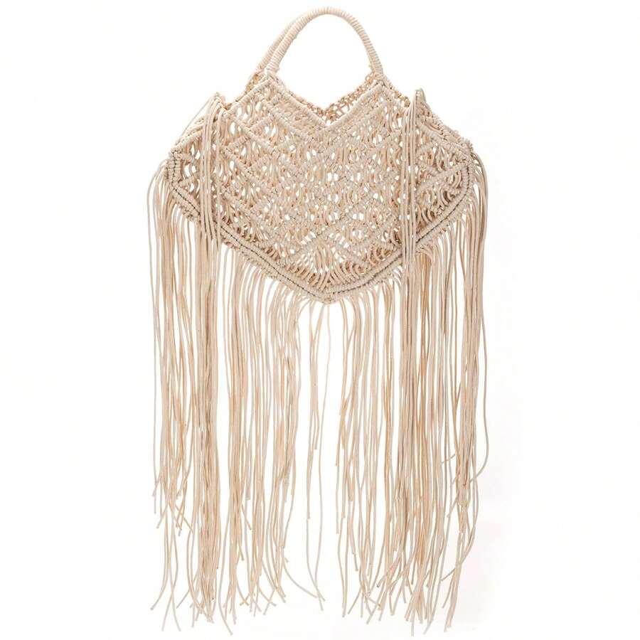 Handmade Woven Beach Vacation Tassel Bag - White - View 1