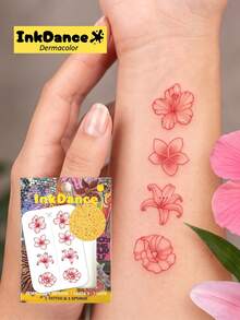 1 Set "Red Ink Flower" Temporary Tattoo Stickers, Fake Tattoos, Hibiscus, Frangipani, Lily, Waterproof, Realistic Tattoo Effect, Colorful, InkDance, Ink Dance, Easy To Apply And Remove CSX060 - Multicolor - View 7