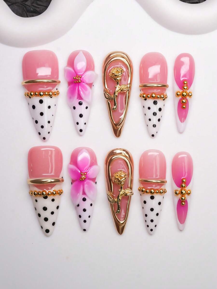 Almond Shape Handmade Press-On Nails Y2K Hot Girl Style, Nude, White, Gold With French Tips, Polka Dots, Gold, Carved, Asymmetrical Liquid Metal Design Pure Handmade Press-On Nails, Suitable For Women And Girls, Shiny Nail Chips, 10 Pieces 3 Sizes, Suitable For Party, Dance, Daily Wear, Includes Tool Kit, Can Be Given As A Gift To Women And Girls. - Multicolor - View 1